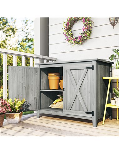 Outsunny Wooden Garden Shed, Outdoor Fir Wood Storage Shed with Shelf and Double Doors, Light Grey