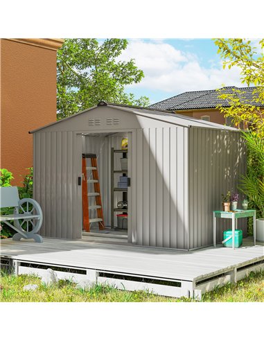 Outsunny Garden Storage Shed, Metal Outdoor Storage Shed House with Foundation Kit, Ventilation, Doors, 9 x 6FT, Grey