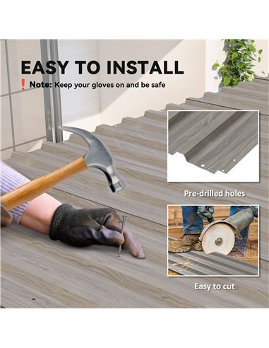 Outsunny Set of 12 Corrugated Steel Roof Sheet Panels - Grey Wood Effect