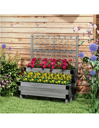 Outsunny Raised Garden Bed with Trellis, 2-Tier Wooden Elevated Planter Box  for Vegetables, Flowers, Herbs, Grey