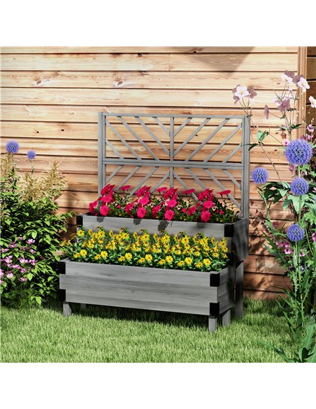 Outsunny Raised Garden Bed with Trellis, 2-Tier Wooden Elevated Planter Box  for Vegetables, Flowers, Herbs, Grey - pic 177721 | FastDaddyshop