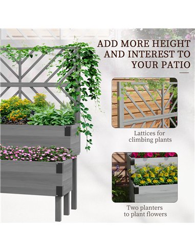 Outsunny Raised Garden Bed with Trellis, 2-Tier Wooden Elevated Planter Box  for Vegetables, Flowers, Herbs, Grey