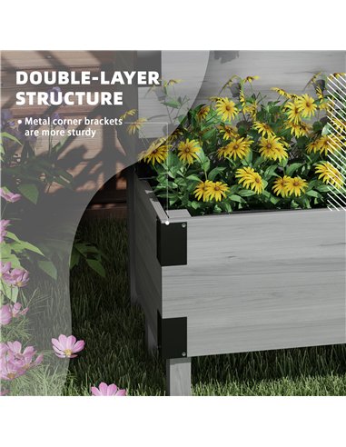 Outsunny Raised Garden Bed with Trellis, 2-Tier Wooden Elevated Planter Box  for Vegetables, Flowers, Herbs, Grey