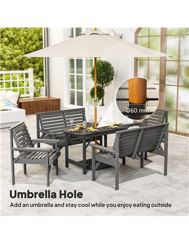 Outsunny 5 Piece Wooden Garden Dining Set for 6, Outdoor Conversation Set with 2 Armchairs, 2 Loveseats and Dining Table with Um