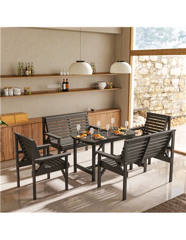 Outsunny 5 Piece Wooden Garden Dining Set for 6, Outdoor Conversation Set with 2 Armchairs, 2 Loveseats and Dining Table with Um