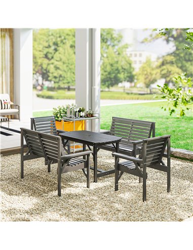 Outsunny 5 Piece Wooden Garden Dining Set for 6, Outdoor Conversation Set with 2 Armchairs, 2 Loveseats and Dining Table with Um