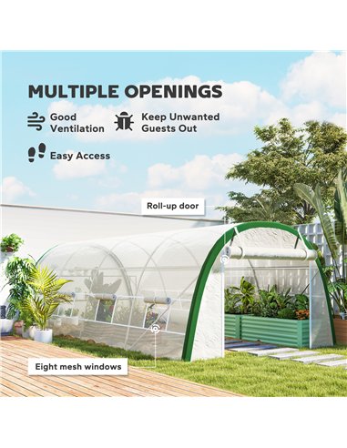 Outsunny Walk-in Polytunnel Greenhouse Tunnel Warm House Tent with Zipped Doors, 8 Mesh Windows, PE Cover, 6 x 3 m, White