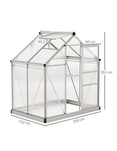Outsunny Polycarbonate Greenhouse, Large Walk-In Green House with Slide Door and Window, Aluminium Frame, 6x4ft, Silver Tone