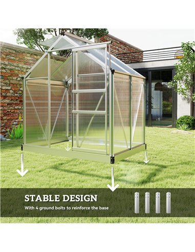 Outsunny Polycarbonate Greenhouse, Large Walk-In Green House with Slide Door and Window, Aluminium Frame, 6x4ft, Silver Tone