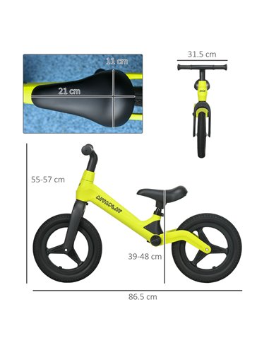 AIYAPLAY Balance Bike with Adjustable Seat and Handlebar, PU Wheels, No Pedal, Aged 30-60 Months up to 25kg - Green