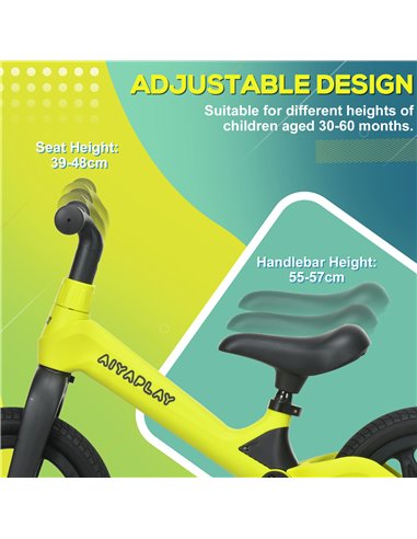 AIYAPLAY Balance Bike with Adjustable Seat and Handlebar, PU Wheels, No Pedal, Aged 30-60 Months up to 25kg - Green