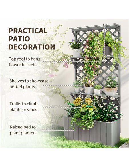 Outsunny 52L Wooden Planter, with Trellis and Shelves - Grey - pic 177903 | FastDaddyshop