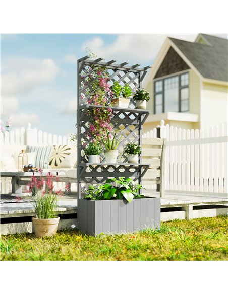 Outsunny 52L Wooden Planter, with Trellis and Shelves - Grey - pic 177907 | FastDaddyshop