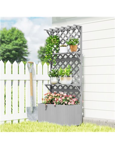 Outsunny 52L Wooden Planter, with Trellis and Shelves - Grey
