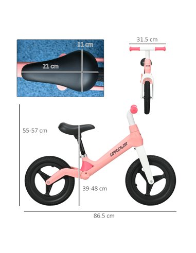 AIYAPLAY Balance Bike with Adjustable Seat and Handlebar, PU Wheels, No Pedal, Aged 30-60 Months up to 25kg - Pink