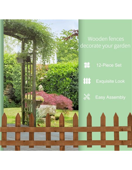 Outsunny Pack of 24 Wooden Border Fences, Garden Fixed Picket Fence for Lawn Edging, Flowerbed, 60L x 1D x 34H cm, Brown - pic 177977 | FastDaddyshop