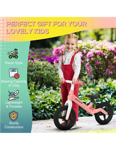 AIYAPLAY Balance Bike with Adjustable Seat and Handlebar, PU Wheels, No Pedal, Aged 30-60 Months up to 25kg - Pink
