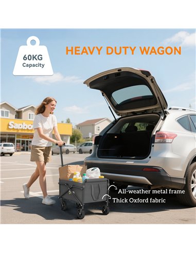 Outsunny 41L Festival Trolley on Wheels, Small Garden Folding Trolley Cart, 60kg Heavy Duty Collapsible Folding Wagon with Adjus