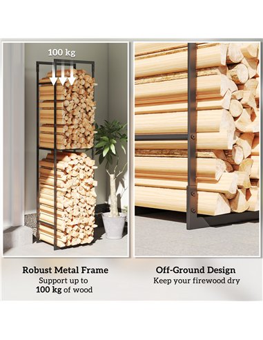 Outsunny Metal Firewood Log Holder, Heavy Duty Firewood Rack with Adjustable Shelf, Indoor Outdoor Fireplace Wood Storage Shelf,