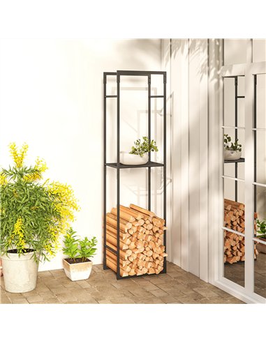 Outsunny Metal Firewood Log Holder, Heavy Duty Firewood Rack with Adjustable Shelf, Indoor Outdoor Fireplace Wood Storage Shelf,