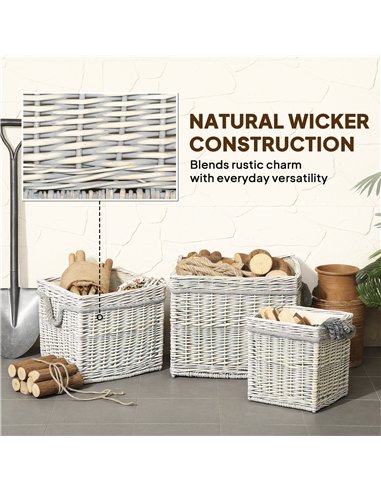 Outsunny Set of 3 Log Baskets for Wood Burner Indoor, Storage Basket with Lining and Rope Handles, Wicker Basket for Fireside St