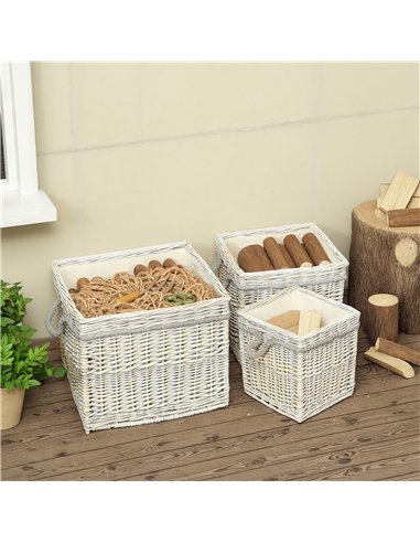 Outsunny Set of 3 Log Baskets for Wood Burner Indoor, Storage Basket with Lining and Rope Handles, Wicker Basket for Fireside St