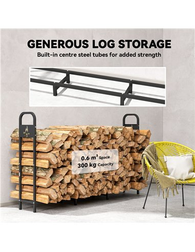 Outsunny 6.5 FT Steel Firewood Log Rack with 300 kg Capacity, Heavy Duty Indoor Outdoor Fireplace Wood Storage Shelf, Log Holder