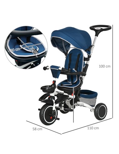 HOMCOM 7-in-1 Tricycle 3 Wheels Pedal Trike w/ Rotatable Seat and Safety Harness for Ages 12-50 Months Kids, Baby, Blue