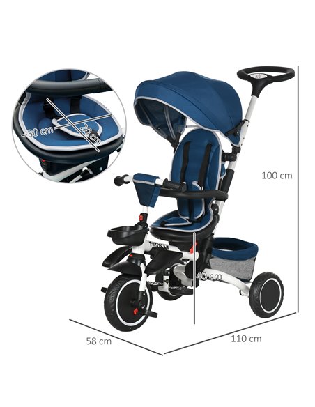 HOMCOM 7-in-1 Tricycle 3 Wheels Pedal Trike w/ Rotatable Seat and Safety Harness for Ages 12-50 Months Kids, Baby, Blue - pic 17822 | FastDaddyshop