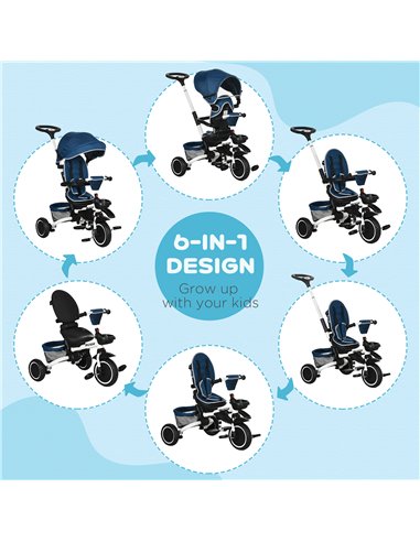HOMCOM 7-in-1 Tricycle 3 Wheels Pedal Trike w/ Rotatable Seat and Safety Harness for Ages 12-50 Months Kids, Baby, Blue