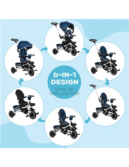 HOMCOM 7-in-1 Tricycle 3 Wheels Pedal Trike w/ Rotatable Seat and Safety Harness for Ages 12-50 Months Kids, Baby, Blue - pic 17823 | FastDaddyshop