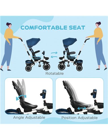 HOMCOM 7-in-1 Tricycle 3 Wheels Pedal Trike w/ Rotatable Seat and Safety Harness for Ages 12-50 Months Kids, Baby, Blue