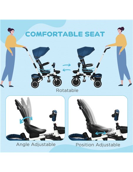 HOMCOM 7-in-1 Tricycle 3 Wheels Pedal Trike w/ Rotatable Seat and Safety Harness for Ages 12-50 Months Kids, Baby, Blue - pic 17824 | FastDaddyshop