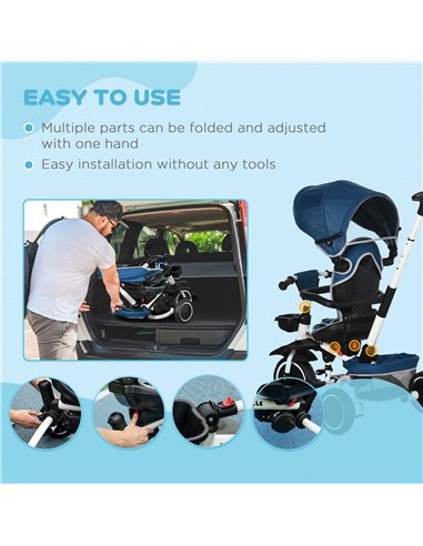 HOMCOM 7-in-1 Tricycle 3 Wheels Pedal Trike w/ Rotatable Seat and Safety Harness for Ages 12-50 Months Kids, Baby, Blue