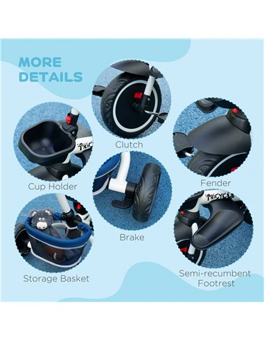 HOMCOM 7-in-1 Tricycle 3 Wheels Pedal Trike w/ Rotatable Seat and Safety Harness for Ages 12-50 Months Kids, Baby, Blue