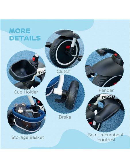 HOMCOM 7-in-1 Tricycle 3 Wheels Pedal Trike w/ Rotatable Seat and Safety Harness for Ages 12-50 Months Kids, Baby, Blue - pic 17827 | FastDaddyshop
