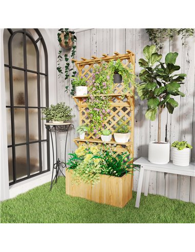 Outsunny 52L Wooden Planter, with Trellis and Shelves - Natural Finish