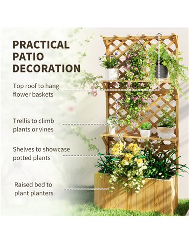 Outsunny 52L Wooden Planter, with Trellis and Shelves - Natural Finish