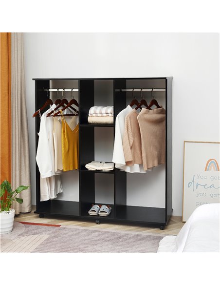 HOMCOM Double Mobile Open Wardrobe With Clothes Hanging Rails Storage Shelves Organizer Bedroom Furniture - Black - pic 17830 | FastDaddyshop