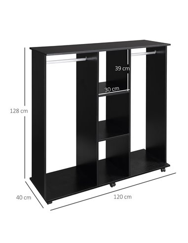 HOMCOM Double Mobile Open Wardrobe With Clothes Hanging Rails Storage Shelves Organizer Bedroom Furniture - Black