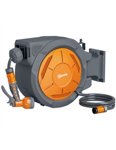 Outsunny Retractable Hose Reel Wall Mounted, 30+2m Garden Hose Pipe Reel with Lock, Auto Rewind, 7 in 1 Spray Nozzle, Includes W