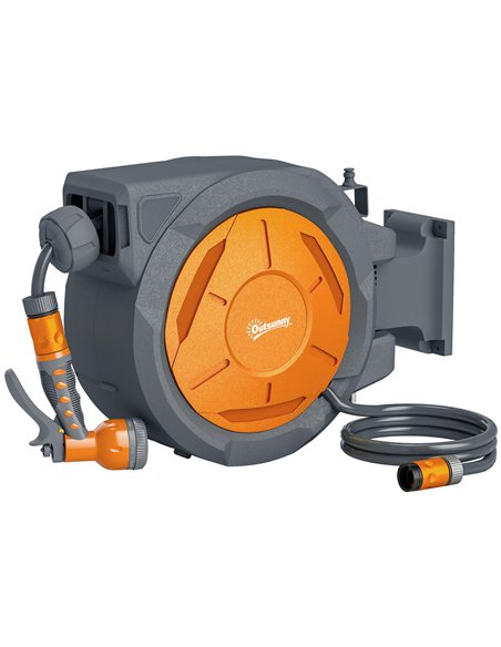Outsunny Retractable Hose Reel Wall Mounted, 30+2m Garden Hose Pipe Reel with Lock, Auto Rewind, 7 in 1 Spray Nozzle, Includes W - pic 178323 | FastDaddyshop