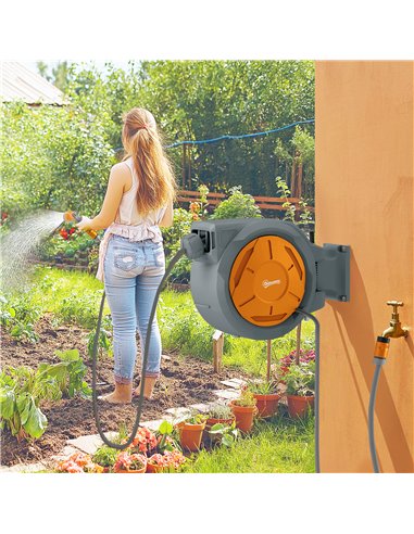Outsunny Retractable Hose Reel Wall Mounted, 30+2m Garden Hose Pipe Reel with Lock, Auto Rewind, 7 in 1 Spray Nozzle, Includes W