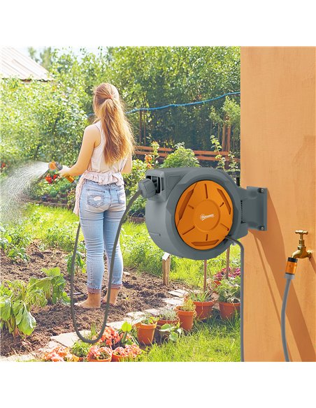Outsunny Retractable Hose Reel Wall Mounted, 30+2m Garden Hose Pipe Reel with Lock, Auto Rewind, 7 in 1 Spray Nozzle, Includes W - pic 178324 | FastDaddyshop