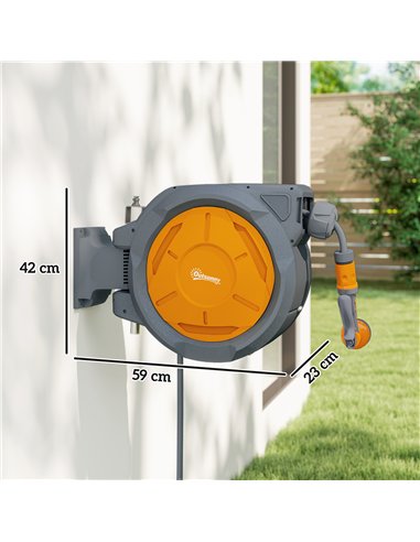 Outsunny Retractable Hose Reel Wall Mounted, 30+2m Garden Hose Pipe Reel with Lock, Auto Rewind, 7 in 1 Spray Nozzle, Includes W