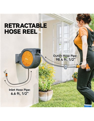 Outsunny Retractable Hose Reel Wall Mounted, 30+2m Garden Hose Pipe Reel with Lock, Auto Rewind, 7 in 1 Spray Nozzle, Includes W