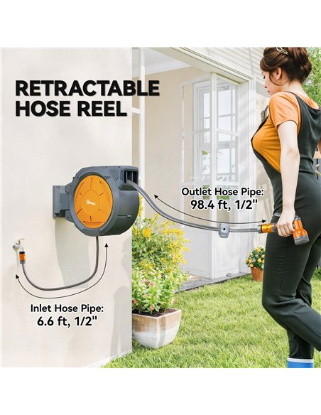 Outsunny Retractable Hose Reel Wall Mounted, 30+2m Garden Hose Pipe Reel with Lock, Auto Rewind, 7 in 1 Spray Nozzle, Includes W - pic 178326 | FastDaddyshop