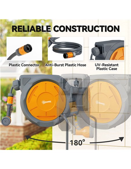 Outsunny Retractable Hose Reel Wall Mounted, 30+2m Garden Hose Pipe Reel with Lock, Auto Rewind, 7 in 1 Spray Nozzle, Includes W - pic 178327 | FastDaddyshop