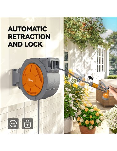Outsunny Retractable Hose Reel Wall Mounted, 30+2m Garden Hose Pipe Reel with Lock, Auto Rewind, 7 in 1 Spray Nozzle, Includes W
