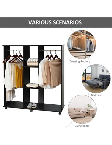 HOMCOM Double Mobile Open Wardrobe With Clothes Hanging Rails Storage Shelves Organizer Bedroom Furniture - Black